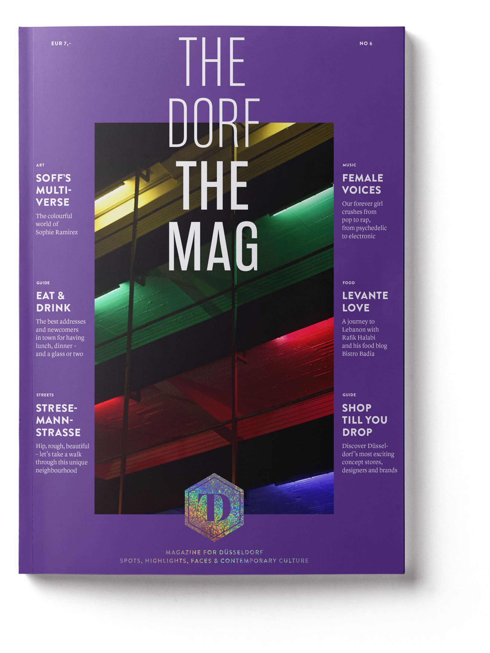 THE DORF THE MAG Ausgabe 6 aus dem Jahr 2022 mit Neon-Architekturaufnahme und violettem Hintergrund