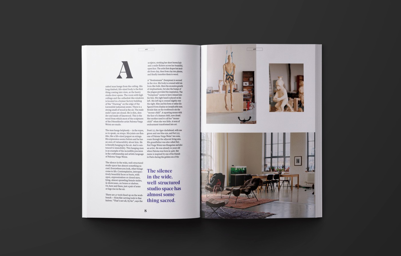 Slider verschiedener Doppelseiten Mockups - Einblick in THE DORF THE MAG 1 und 2 auf dunkelgrauen Hintergrund