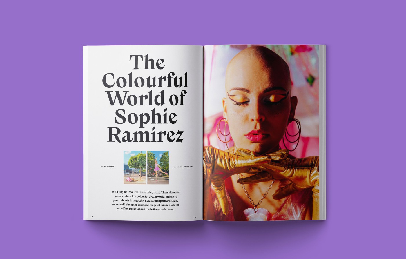 Slider verschiedener Doppelseiten Mockups - Einblick in THE DORF THE MAG 5 und 6 auf lila Hintergrund