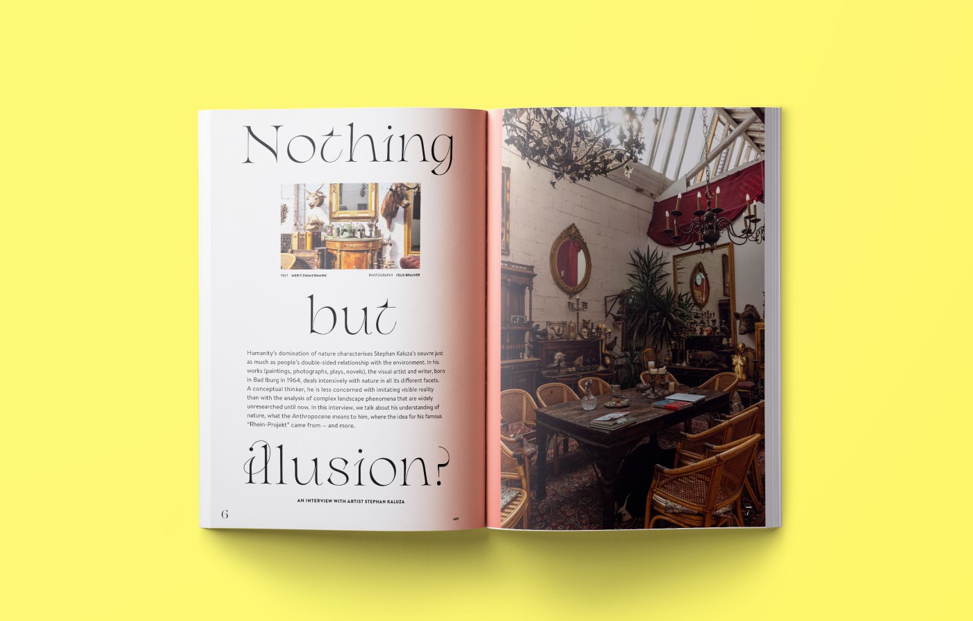 Slider verschiedener Doppelseiten Mockups - Einblick in THE DORF THE MAG 4 und 5 auf gelben Hintergrund